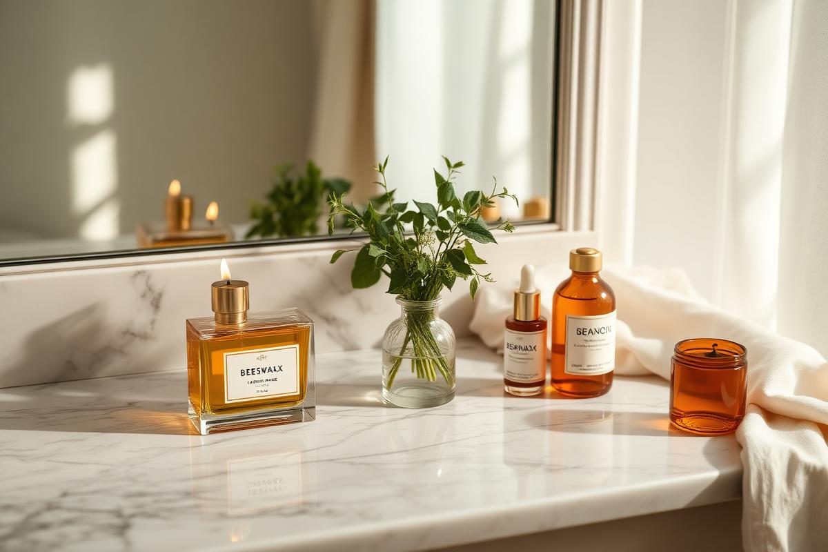 Elegant marble vanity with a lit beeswax candle, fresh herbs in a glass vase and amber organic skincare bottles in golden afternoon light