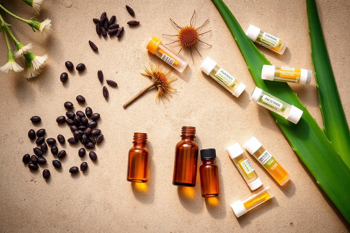 Flat lay of natural remedies: amber glass bottles, dried elderberries, echinacea flowers, aloe vera leaf and homeopathic remedy tubes