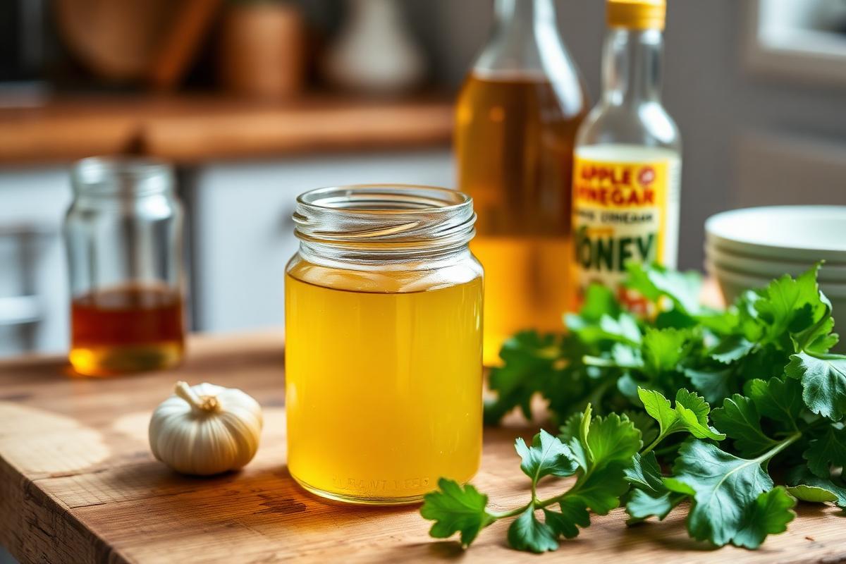 Glass jar of homemade olive oil and apple cider vinegar dressing on a wooden counter with garlic and fresh herbs